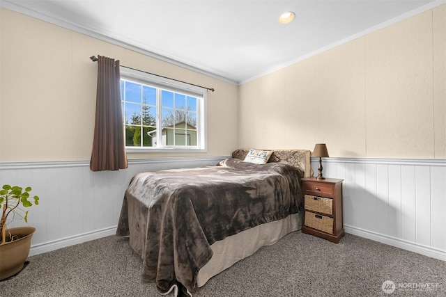 carpeted bedroom with crown molding