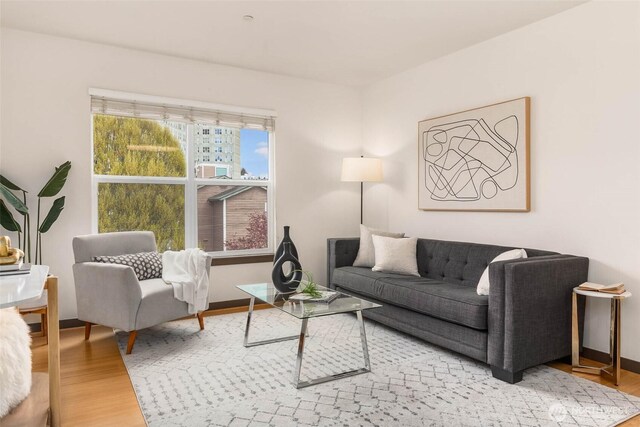 413 NE 70th St Unit 402, Seattle, WA 98115 - living room featuring baseboards and wood finished floors