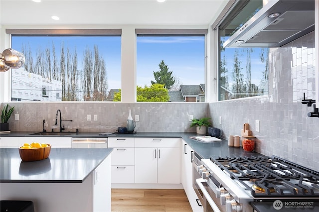3111 Queen Anne Ave N, Seattle, WA 98119 - kitchen featuring wall chimney range hood, white cabinets, dark countertops, a sink, and stainless steel appliances