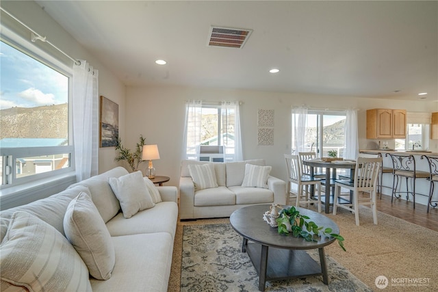 living area with visible vents, recessed lighting, and wood finished floors