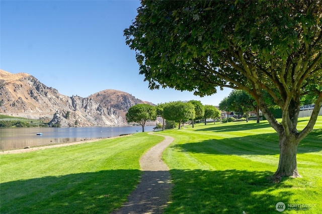 view of community featuring a water and mountain view and a lawn