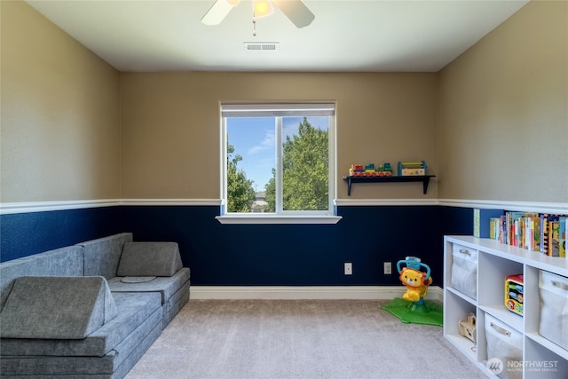 2335 Hawk Dr, Walla Walla, WA 99362 - recreation room with visible vents, baseboards, a ceiling fan, and carpet floors