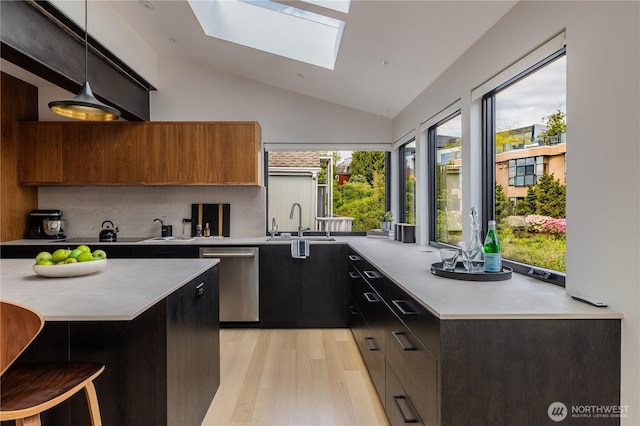 kitchen with a skylight, tasteful backsplash, stainless steel dishwasher, light countertops, and light wood-style flooring