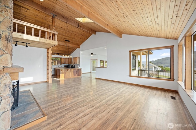 unfurnished living room featuring visible vents, lofted ceiling with beams, light wood-style flooring, and baseboards