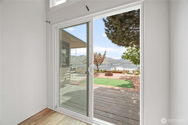 entryway with light wood-style floors and a water view