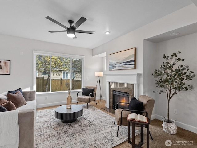 5258 S 285th St, Auburn, WA 98001 - living area featuring a high end fireplace, a ceiling fan, and baseboards