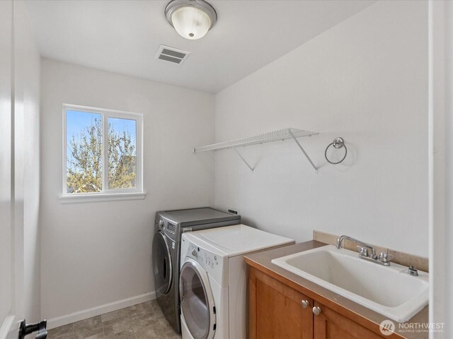 5258 S 285th St, Auburn, WA 98001 - laundry room featuring independent washer and dryer, visible vents, a sink, baseboards, and cabinet space