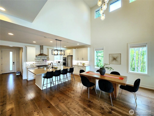 dining space featuring plenty of natural light, a high ceiling, and dark wood-type flooring