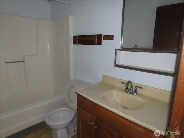 full bath with toilet, shower / bath combination, and vanity