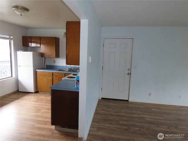 kitchen with brown cabinets, light wood-type flooring, freestanding refrigerator, and a sink