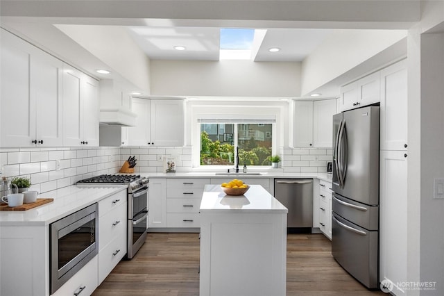kitchen featuring wood finished floors, light countertops, a sink, and appliances with stainless steel finishes