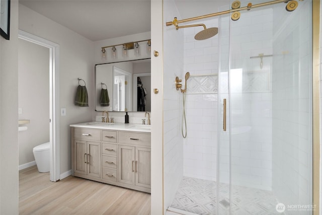 full bathroom featuring a shower stall, toilet, wood finished floors, a sink, and double vanity