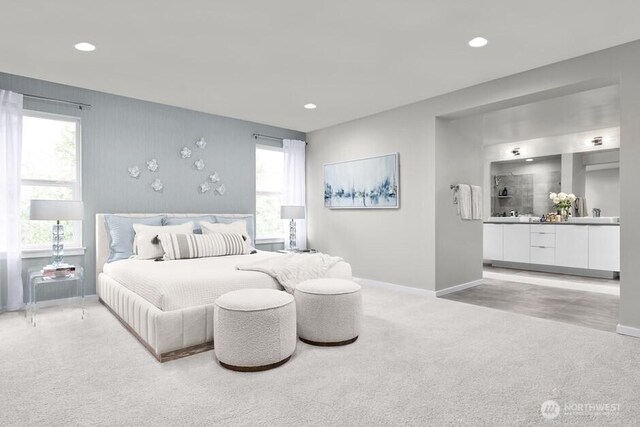 11911 SE 242nd Pl, Kent, WA 98030 - bedroom featuring ensuite bathroom, baseboards, multiple windows, and recessed lighting