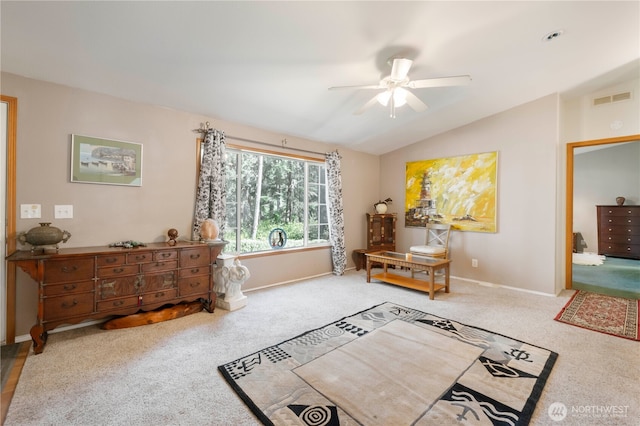 11712 114th Avenue Ct, Anderson Island, WA 98303 - bedroom featuring carpet flooring, visible vents, baseboards, and lofted ceiling