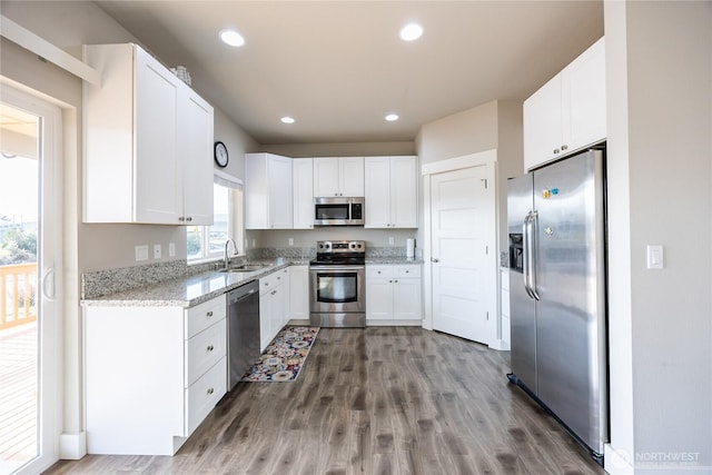 kitchen featuring wood finished floors, a sink, white cabinetry, and stainless steel appliances