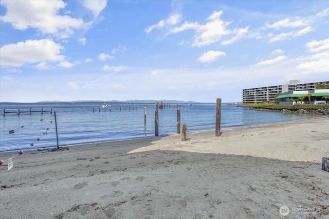 view of water feature featuring a beach view