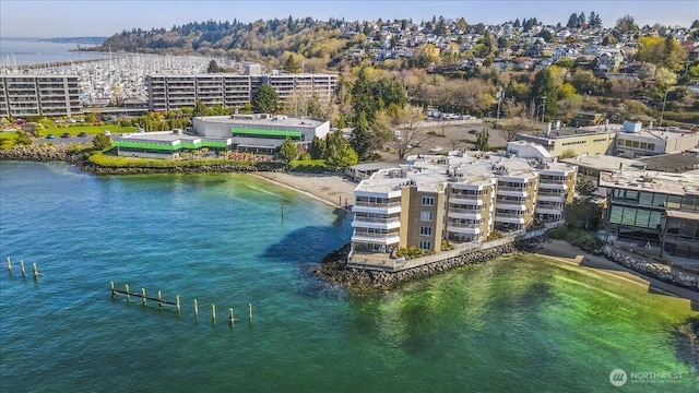 bird's eye view with a water view