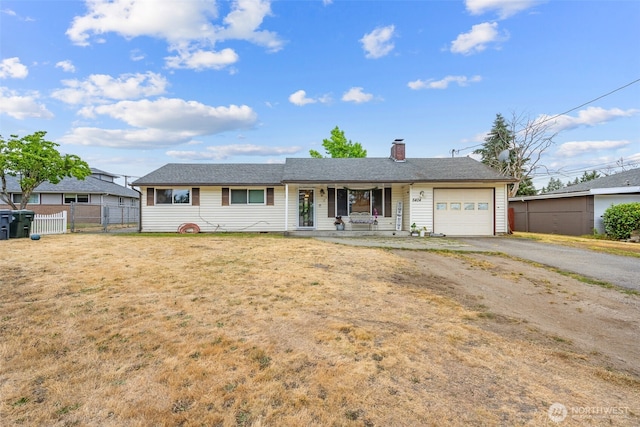 5404 111th St SW, Lakewood, WA 98466 - single story home with a garage, asphalt driveway, a porch, and a chimney
