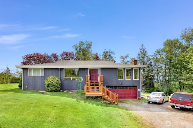 9652 Ronald Dr, Blaine, WA 98230 - single story home with driveway, a chimney, a front yard, a shingled roof, and stairs