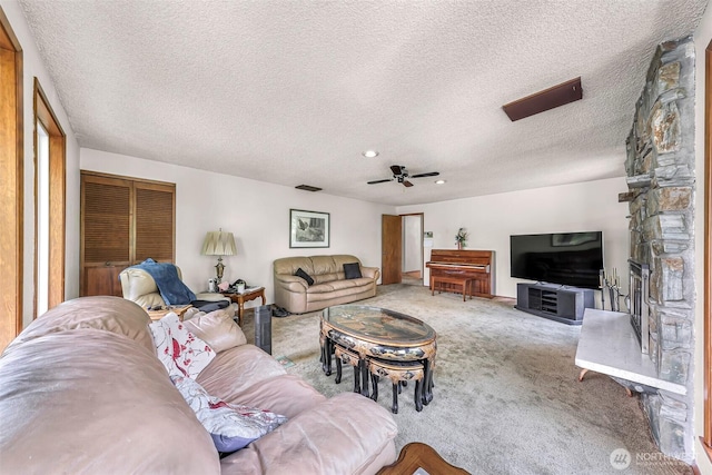 9652 Ronald Dr, Blaine, WA 98230 - living area with recessed lighting, a textured ceiling, carpet, and a ceiling fan