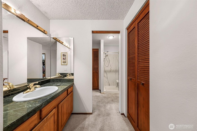 9652 Ronald Dr, Blaine, WA 98230 - full bathroom featuring vanity, a closet, a stall shower, and a textured ceiling