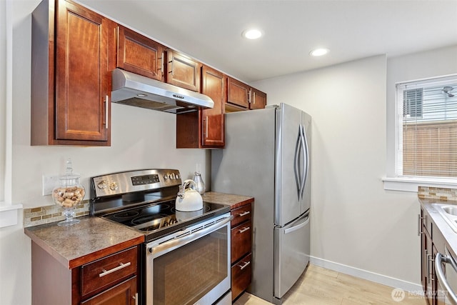 8015 Beacon Ave S Unit A, Seattle, WA 98118 - kitchen featuring light wood-type flooring, recessed lighting, under cabinet range hood, stainless steel appliances, and baseboards