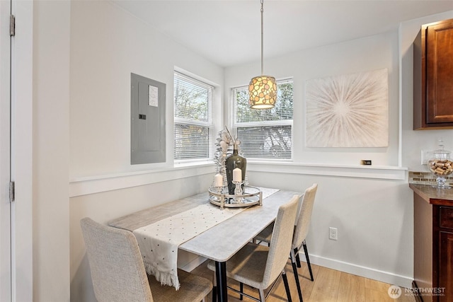 8015 Beacon Ave S Unit A, Seattle, WA 98118 - dining area with electric panel, light wood-style floors, and baseboards