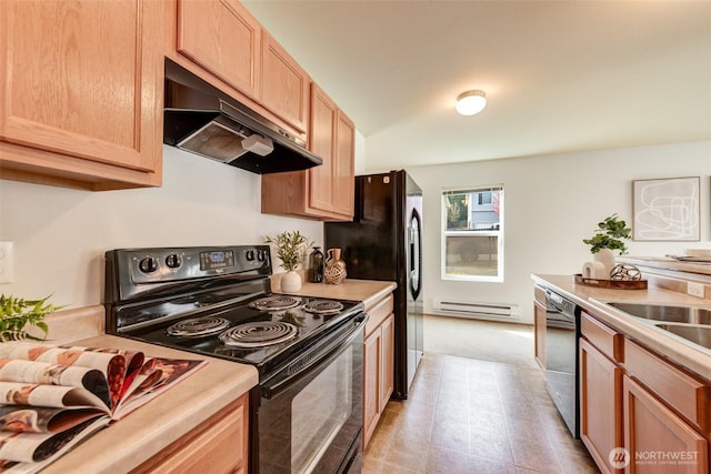 kitchen featuring dishwasher, light countertops, a baseboard radiator, under cabinet range hood, and electric range