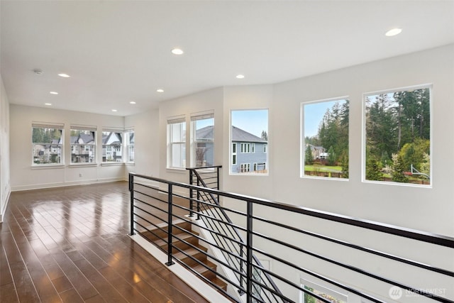 1332 247th Pl NE, Sammamish, WA 98074 - hallway with baseboards, an upstairs landing, recessed lighting, and dark wood-style floors