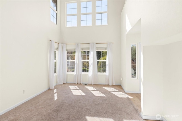 interior space featuring carpet flooring, a high ceiling, and baseboards