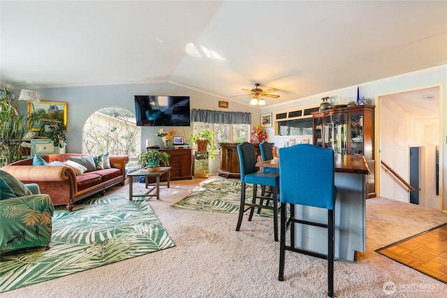 69 N Pt, Bellingham, WA 98229 - carpeted living area featuring ornamental molding, a ceiling fan, and vaulted ceiling