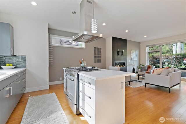 1762 Valentine Pl S, Seattle, WA 98144 - kitchen with gray cabinets, stainless steel gas range, light wood-style flooring, and island range hood