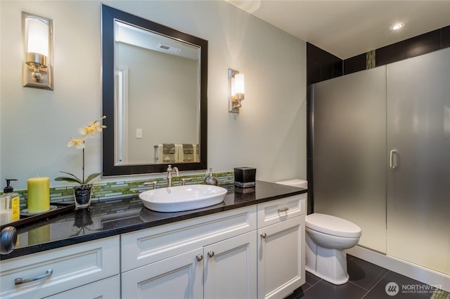 2001 Stillwater Dr, Walla Walla, WA 99362 - full bathroom with vanity, a stall shower, tile patterned floors, toilet, and visible vents