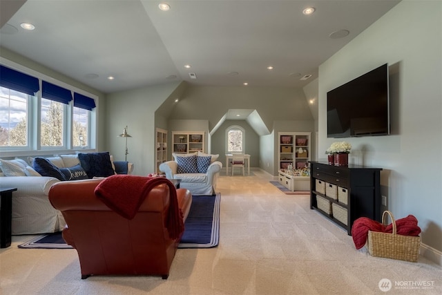 2001 Stillwater Dr, Walla Walla, WA 99362 - living area with light carpet, recessed lighting, baseboards, and lofted ceiling