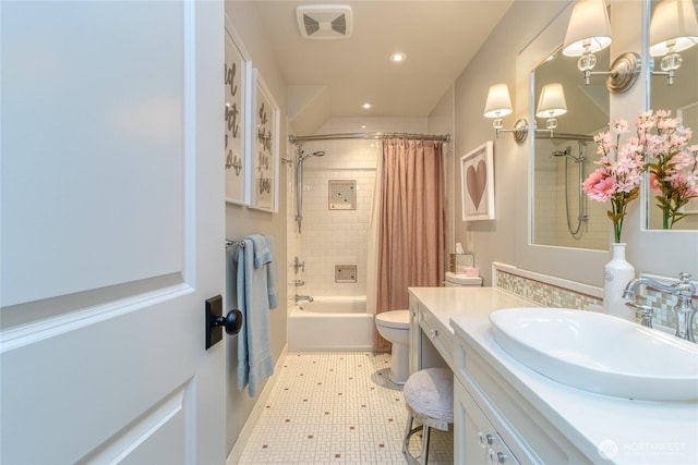 2001 Stillwater Dr, Walla Walla, WA 99362 - full bathroom with vanity, recessed lighting, shower / bath combination with curtain, toilet, and visible vents