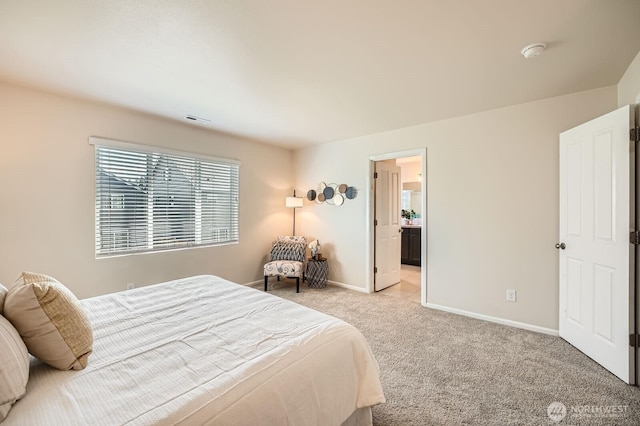bedroom with visible vents, baseboards, and light colored carpet