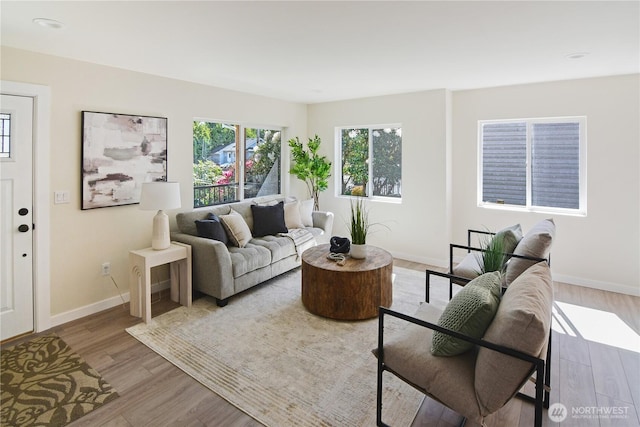 living room featuring wood finished floors and baseboards
