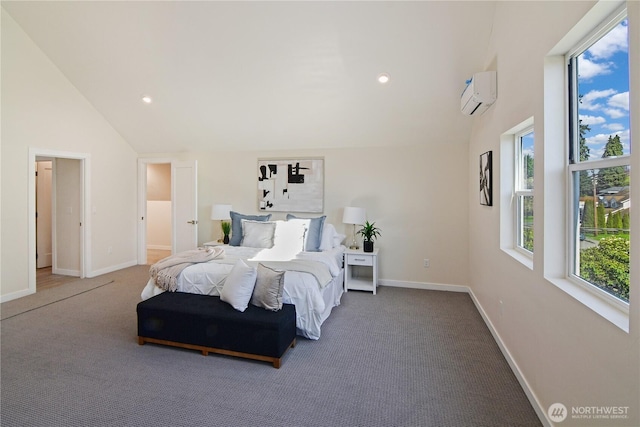 bedroom with lofted ceiling, carpet flooring, a wall unit AC, and multiple windows