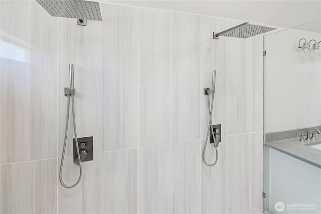 bathroom featuring walk in shower and a sink