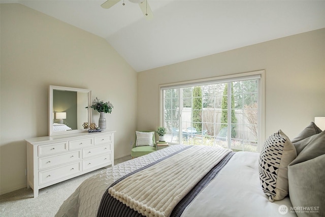 bedroom with baseboards, ceiling fan, vaulted ceiling, access to exterior, and light carpet