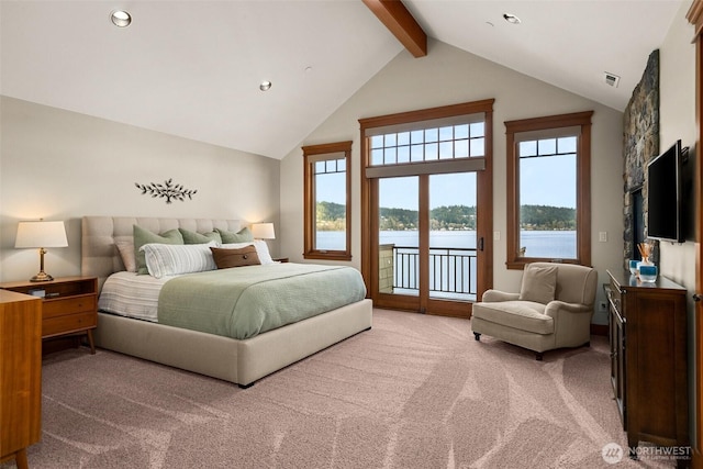 bedroom featuring visible vents, carpet, beam ceiling, access to exterior, and high vaulted ceiling