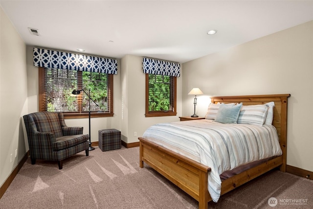 bedroom with carpet flooring, baseboards, visible vents, and recessed lighting