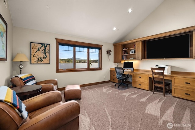 office area with baseboards, carpet, recessed lighting, built in study area, and lofted ceiling