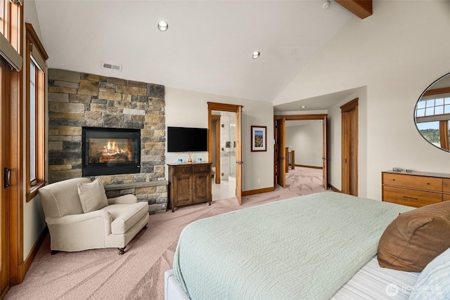 bedroom with a stone fireplace, visible vents, beam ceiling, high vaulted ceiling, and light colored carpet