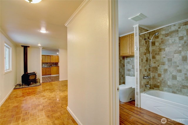 8095 Mosey Ct, Maple Falls, WA 98266 - hall featuring parquet floors, crown molding, visible vents, recessed lighting, and baseboards