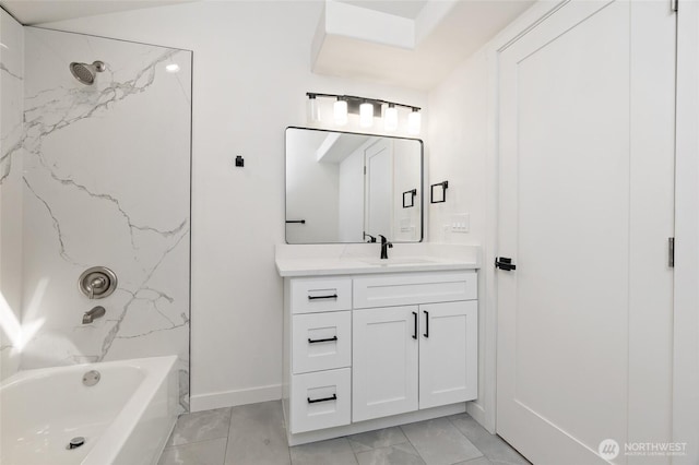 bathroom with vanity, baseboards, shower / bathtub combination, and marble finish floor