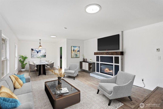living area with wood finished floors, baseboards, and a glass covered fireplace