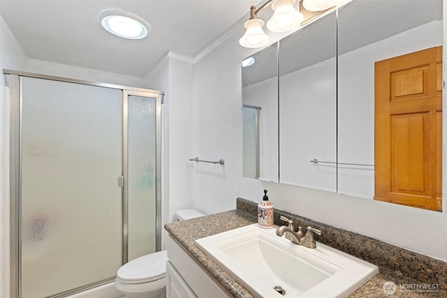 full bathroom featuring toilet, vanity, and a shower stall
