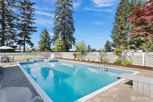 view of pool featuring a patio, a fenced backyard, a fenced in pool, and a diving board