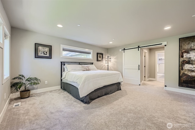 16216 81st Pl NE, Kenmore, WA 98028 - bedroom featuring light carpet, a barn door, recessed lighting, and baseboards